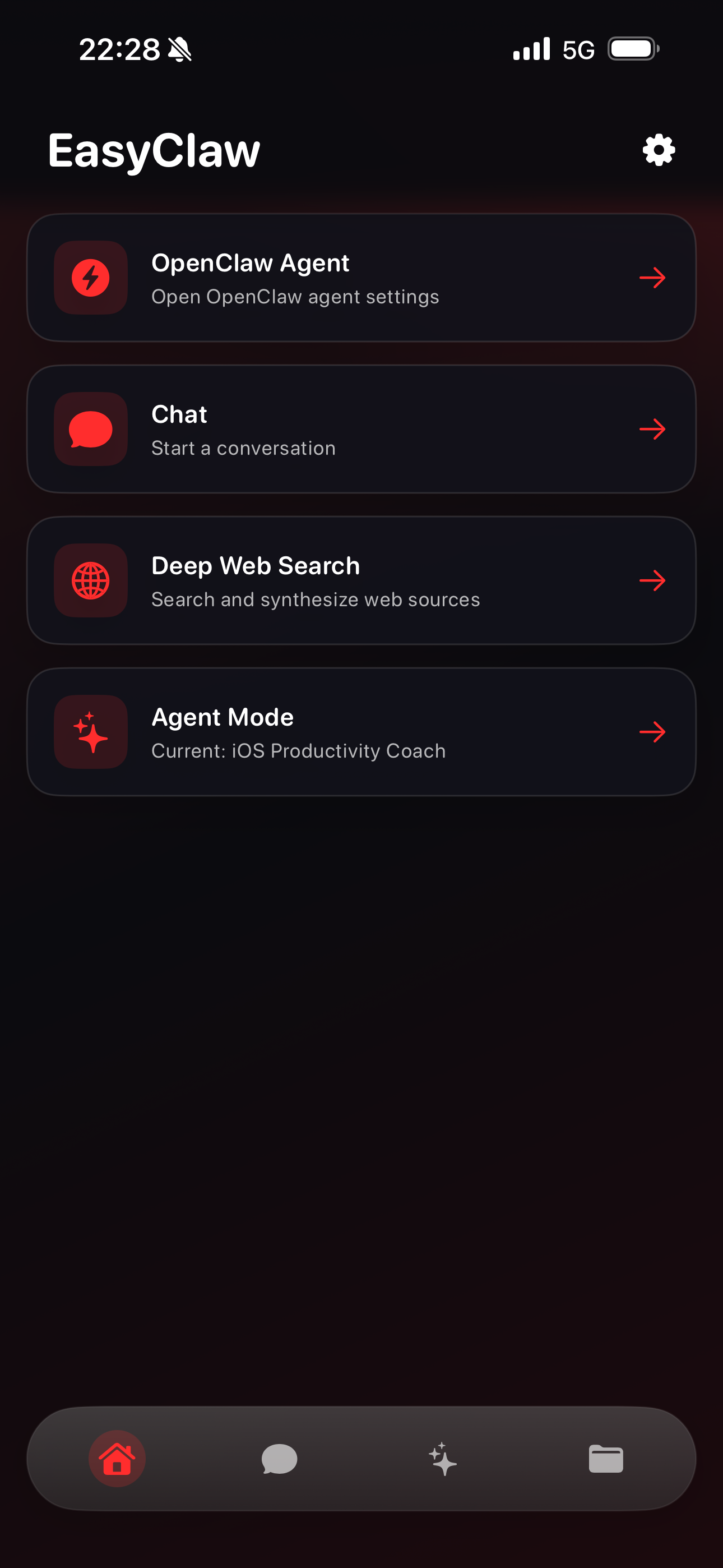 EasyClaw home screen with OpenClaw Agent, Chat, Deep Web Search, and Agent Mode